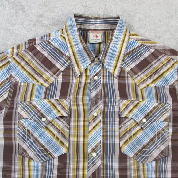 True Religion Shirt Mens 3XL Brown Blue Plaid Pearl Snap Button Western Pockets - Picture 3 of 11